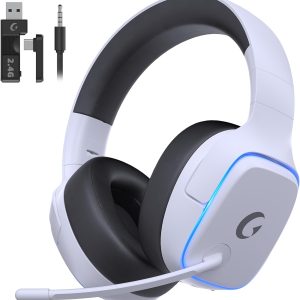 2.4GHz Wireless Gaming Headsets for PS5, PS4, PC, Switch - Bluetooth 5.3 Gaming Headphones with Noise Canceling Mic, 7.1 Surround Sound, 70H Battery, Gaming Lighting - White
