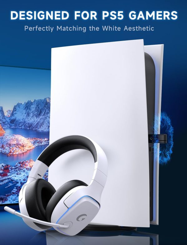 2.4GHz Wireless Gaming Headsets for PS5, PS4, PC, Switch - Bluetooth 5.3 Gaming Headphones with Noise Canceling Mic, 7.1 Surround Sound, 70H Battery, Gaming Lighting - White - Image 2