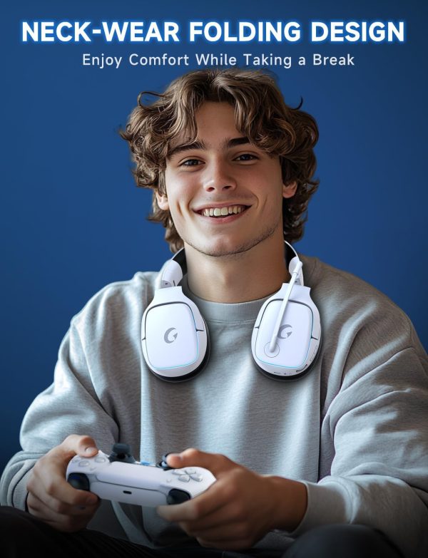 2.4GHz Wireless Gaming Headsets for PS5, PS4, PC, Switch - Bluetooth 5.3 Gaming Headphones with Noise Canceling Mic, 7.1 Surround Sound, 70H Battery, Gaming Lighting - White - Image 3