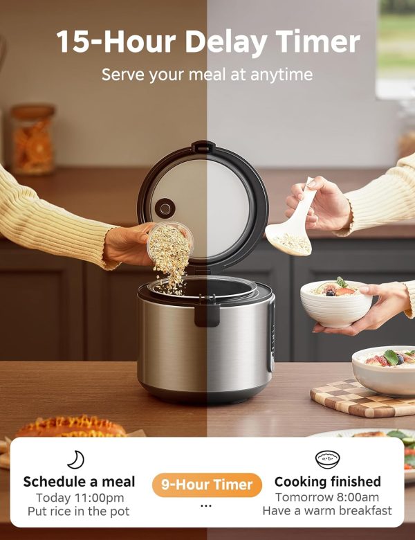 COMFEE' Compact Rice Cooker, 6-in-1 Stainless Steel Multi Cooker, Slow Cooker, Steamer, Saute, and Warmer, 2 QT, 8 Cups Cooked(4 Cups Uncooked), Brown Rice, Quinoa and Oatmeal, 6 One-Touch Programs - Image 3